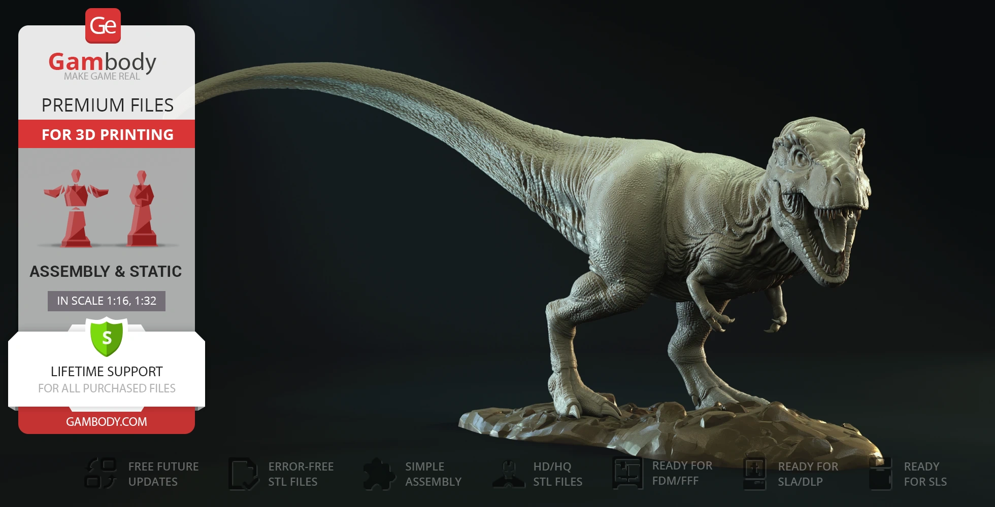 Realistic 3D model of a roaring Tyrannosaurus Rex, designed for 3D printing.