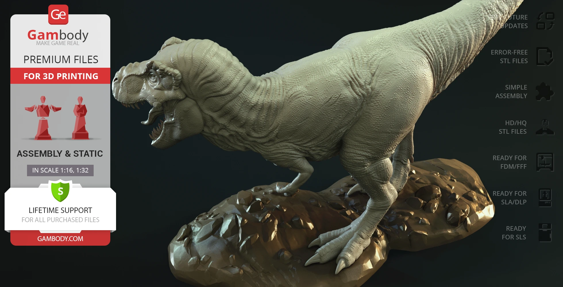 A detailed 3D model of a roaring Tyrannosaurus Rex on a rocky base, available for 3D printing.