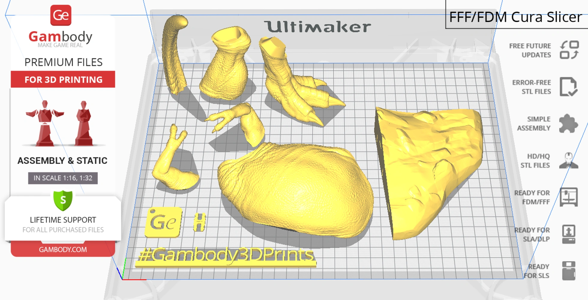 Yellow 3D printing parts of a Tyrannosaurus Rex, displayed on a grid layout.