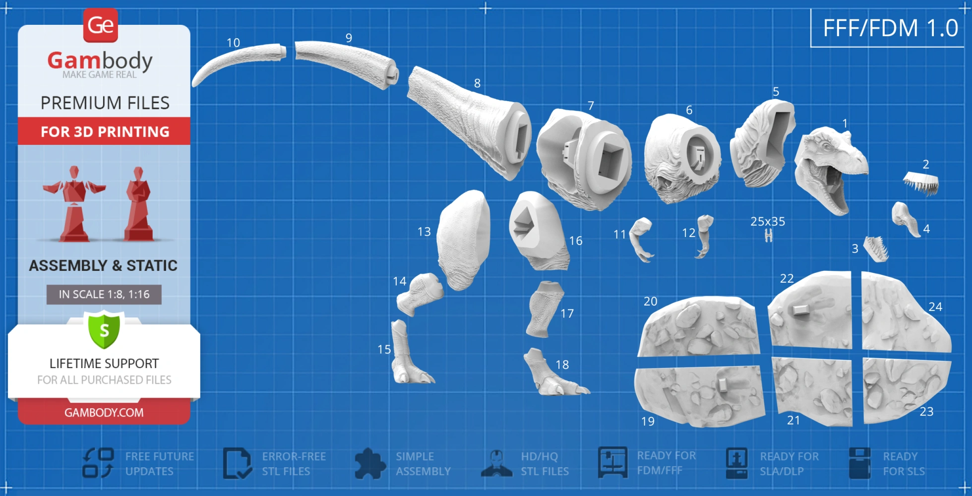 3D model parts of a Tyrannosaurus Rex for assembly and printing, displayed on a blueprint background.