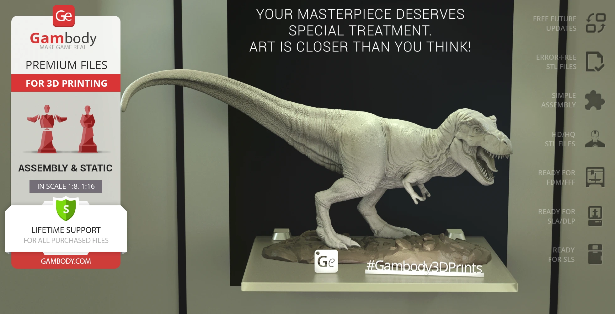 Realistic 3D model of a roaring Tyrannosaurus Rex on display for 3D printing from Gambody.