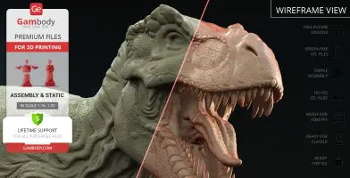 3D model of a Tyrannosaurus Rex head with a wireframe split, ready for 3D printing with Gambody details.