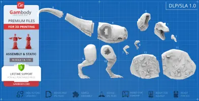 3D printable T-Rex model parts including head, limbs, and base on a blueprint background.