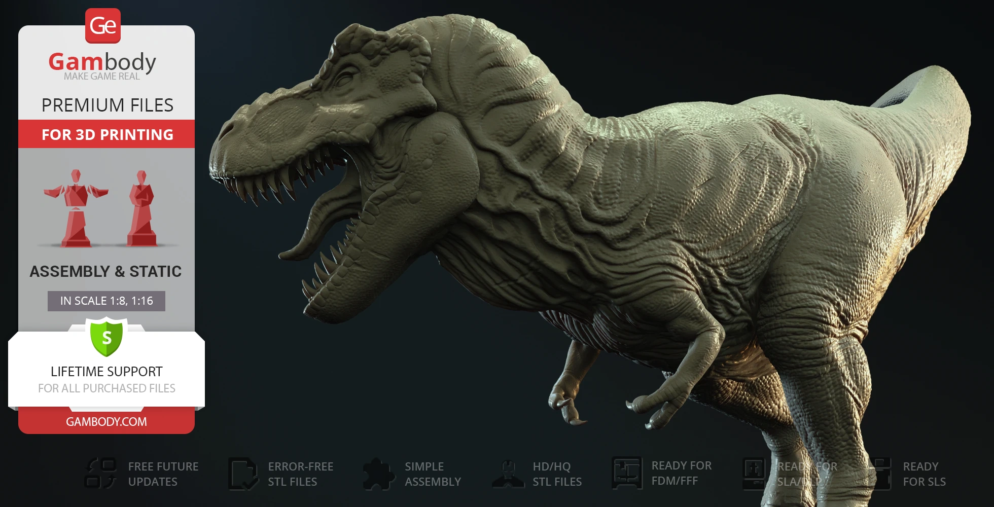 A detailed 3D model of a roaring Tyrannosaurus Rex for 3D printing, shown in a side profile.
