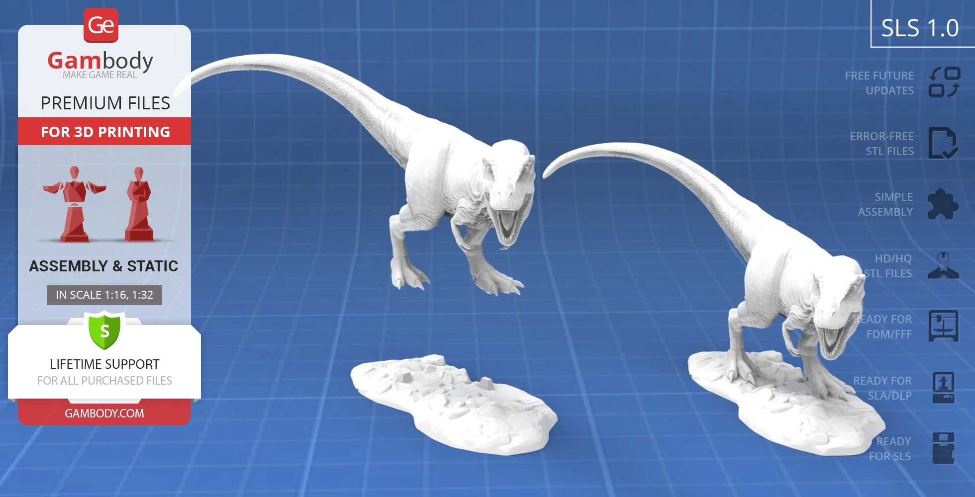 Two white 3D-printed Tyrannosaurus Rex models on blue grid background, posed dynamically with base.