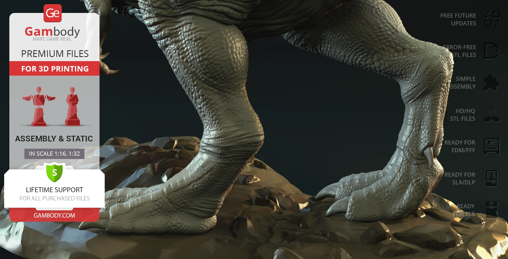 Close-up of a detailed 3D-printed Tyrannosaurus Rex model's legs on a rocky base.