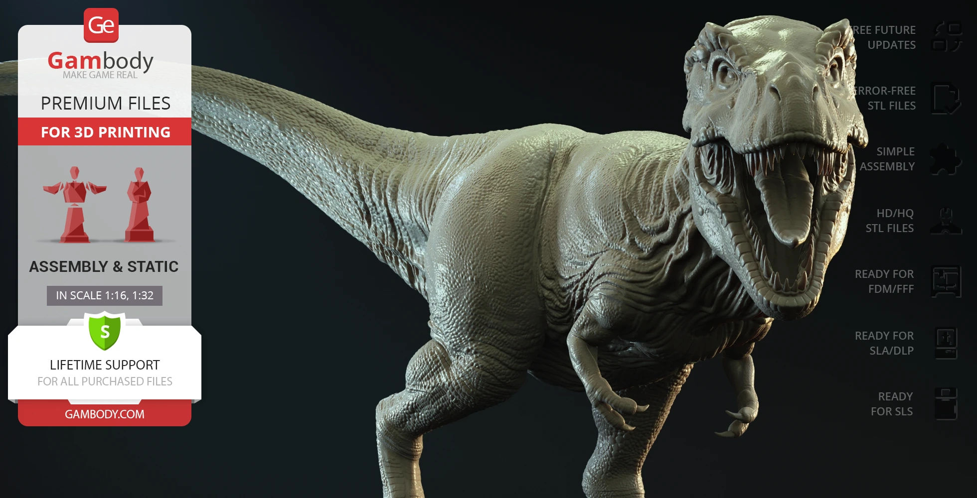 Realistic 3D model of a roaring Tyrannosaurus Rex, designed for 3D printing.