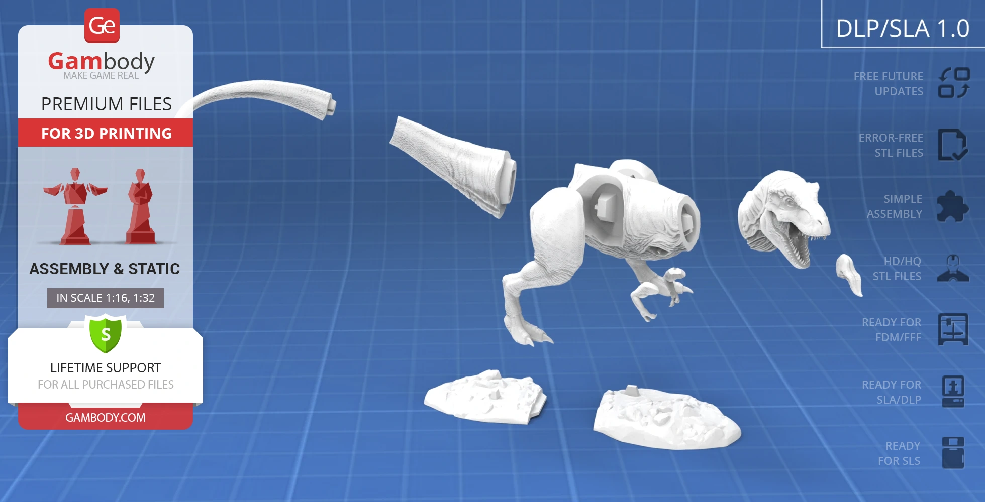 3D printable Tyrannosaurus Rex model pieces with assembly instructions on a blue grid background.