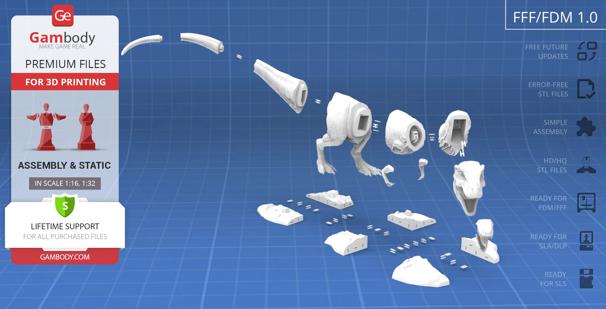 Exploded view of a 3D printable Tyrannosaurus Rex model with assembly parts shown.