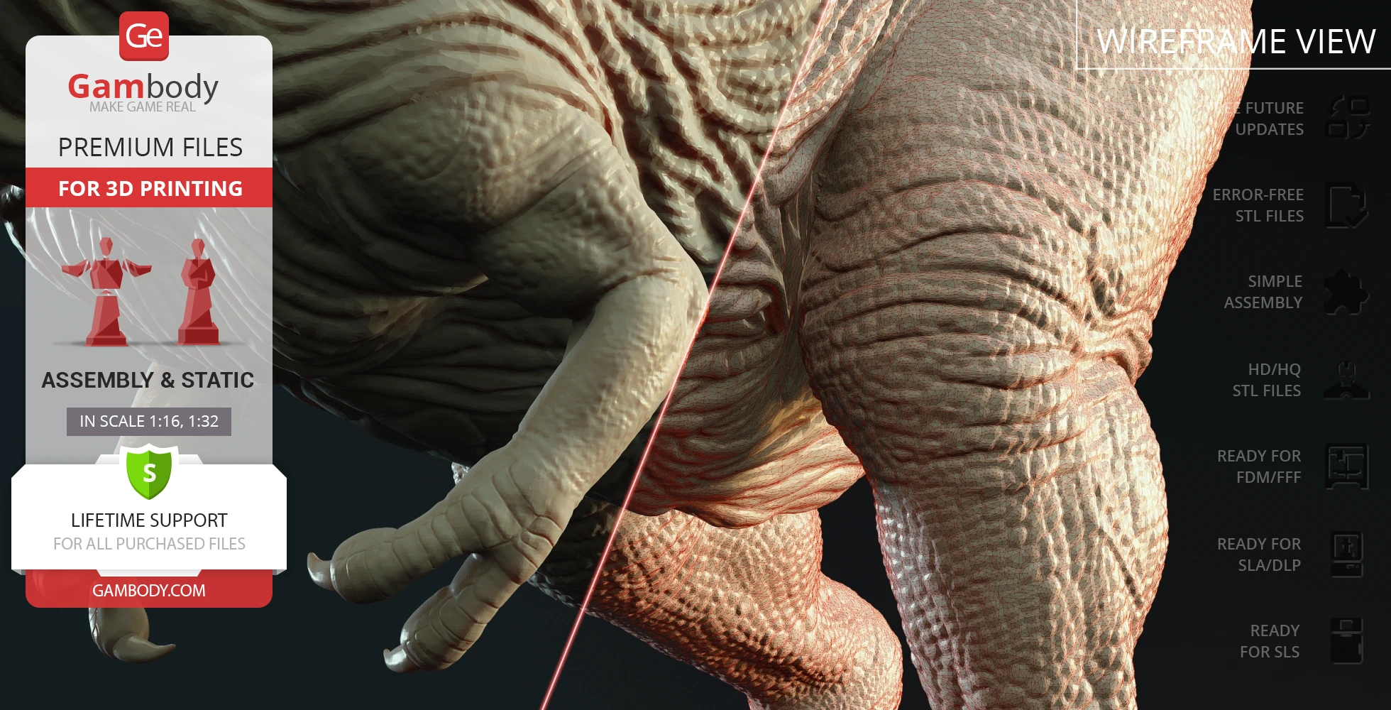 Close-up of a detailed Tyrannosaurus Rex 3D model with textured skin, showing wireframe and solid view.