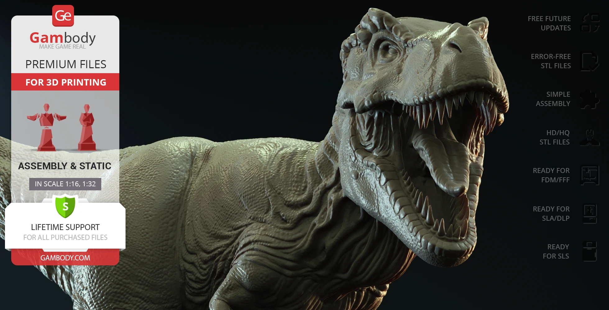 Realistic 3D model of a roaring Tyrannosaurus Rex for 3D printing, showcasing detailed texture.