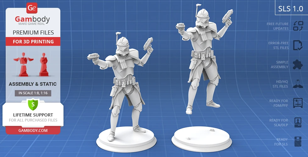 3D model of a helmeted sci-fi soldier, dual-wielding blasters, on a display stand for printing.