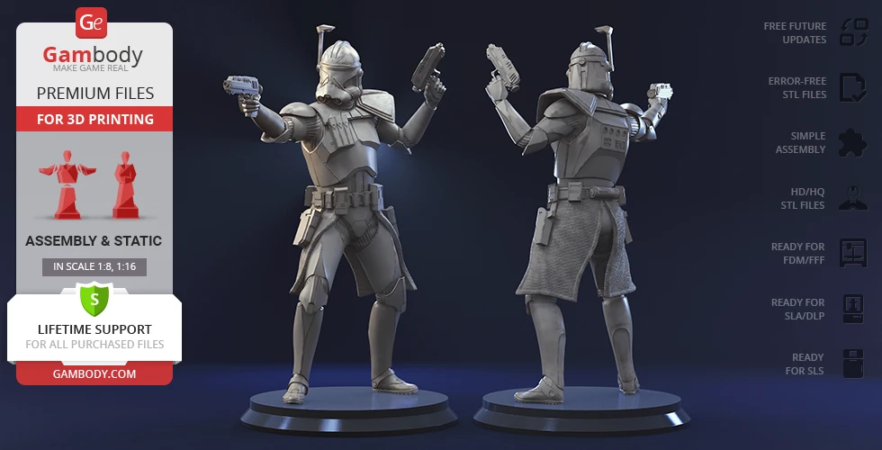 3D models of Captain Rex in armor, dual-wielding blasters, shown from front and back, on display stands.