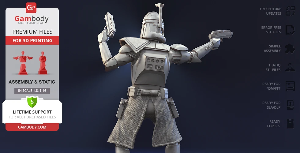 A detailed 3D model of a futuristic armored soldier with dual blasters, shown in a dynamic pose from behind.