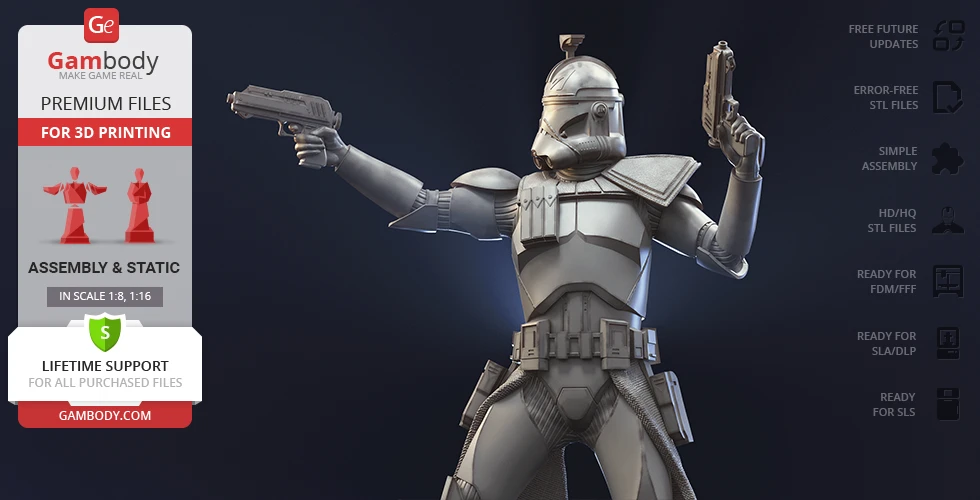 Armored figure in dynamic pose holding blasters, suitable for 3D printing, displayed by Gambody.