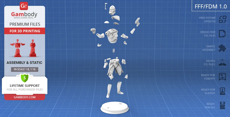 3D model of a disassembled armored figure for printing, with detailed parts floating above a base.