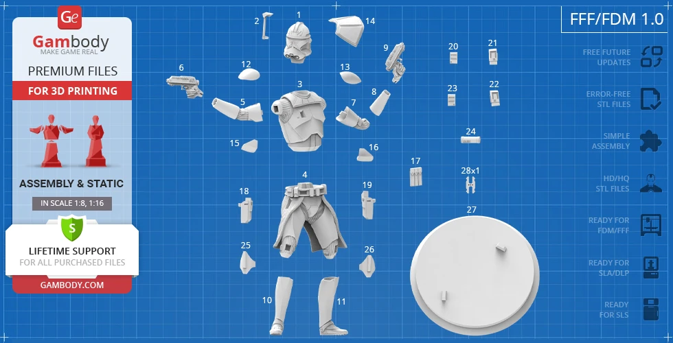 3D print layout of Captain Rex model parts, including helmet, armor, limbs, guns, and base on blueprint background.