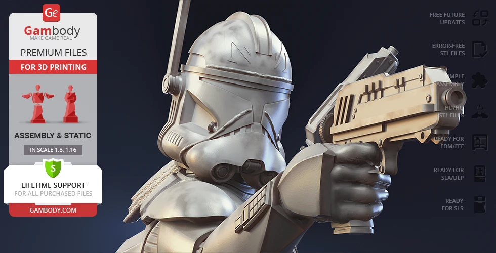 Armored figure aiming a blaster, wearing a detailed sci-fi helmet.