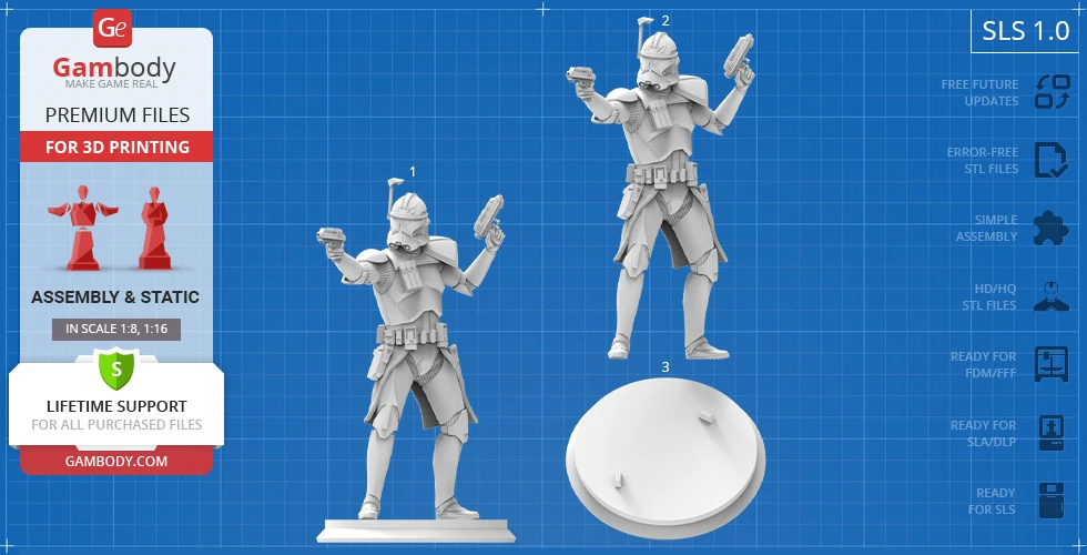 3D model of a soldier in armor with blasters, ready for printing, displayed on a blueprint background.