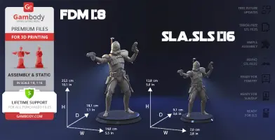 3D model of Captain Rex for printing, shown in two scales with dimensions highlighted.