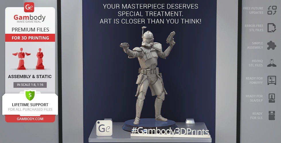 A 3D model of a sci-fi soldier in armor, dual-wielding blasters, displayed on a stand.