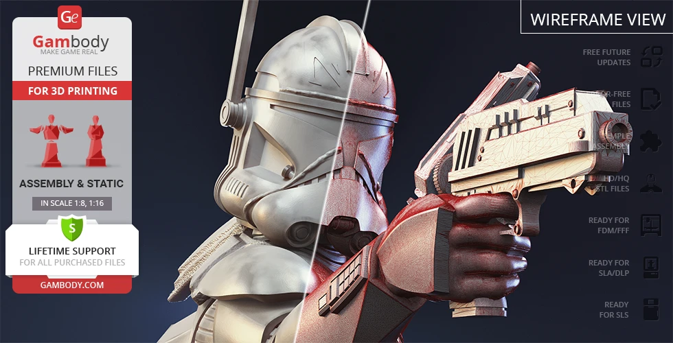 A detailed 3D model of a futuristic soldier in armor holding a blaster, shown in wireframe and solid view.