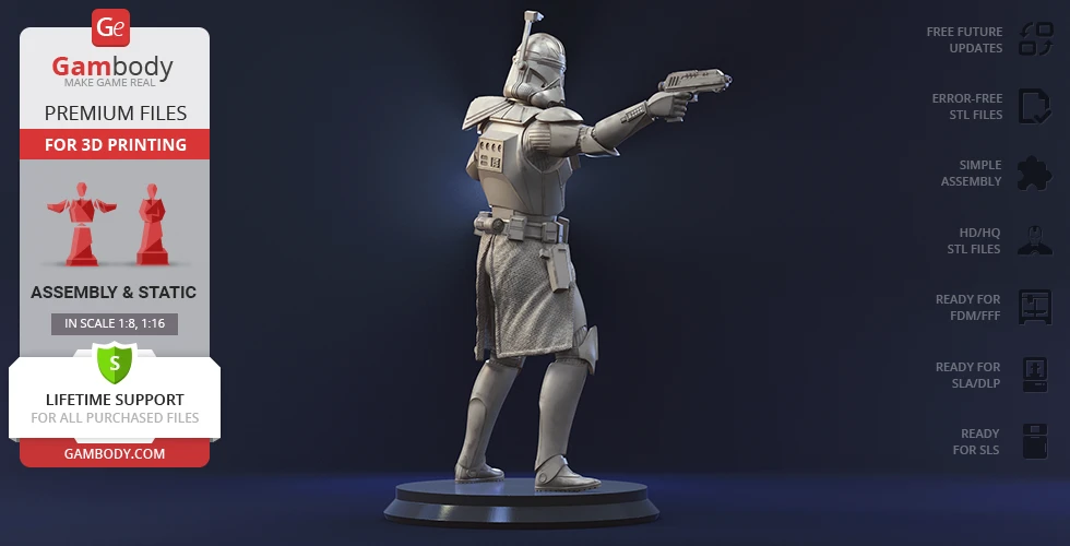3D model of a sci-fi soldier in armor, posed with a blaster, ready for printing.