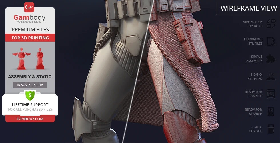 3D model of Captain Rex, showing detailed armor and textures for 3D printing with assembly options.