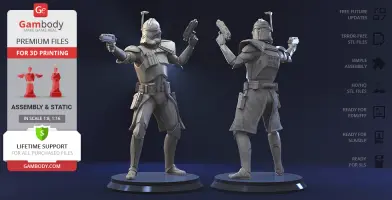 3D models of Captain Rex in armor, dual-wielding blasters, shown from front and back, on display stands.