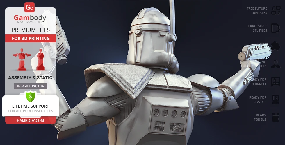 A detailed 3D model of a sci-fi armored character holding a blaster, designed for 3D printing.