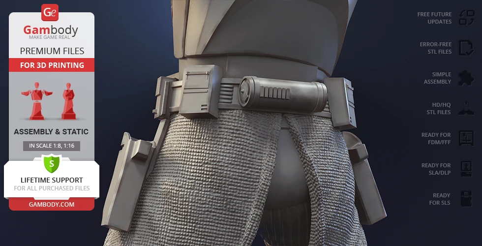 3D model of a detailed armored character's waist with utility belt and textured fabric.