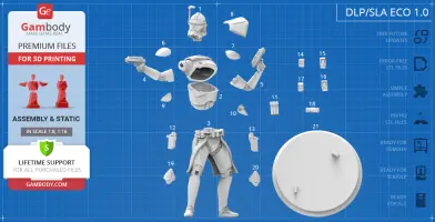 Exploded view of 3D printable Captain Rex model, detailing assembly parts on a blueprint background.