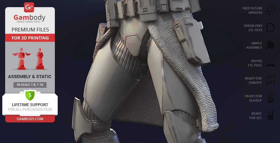 A detailed 3D model depicts Captain Rex's armored leg and waist gear for 3D printing.
