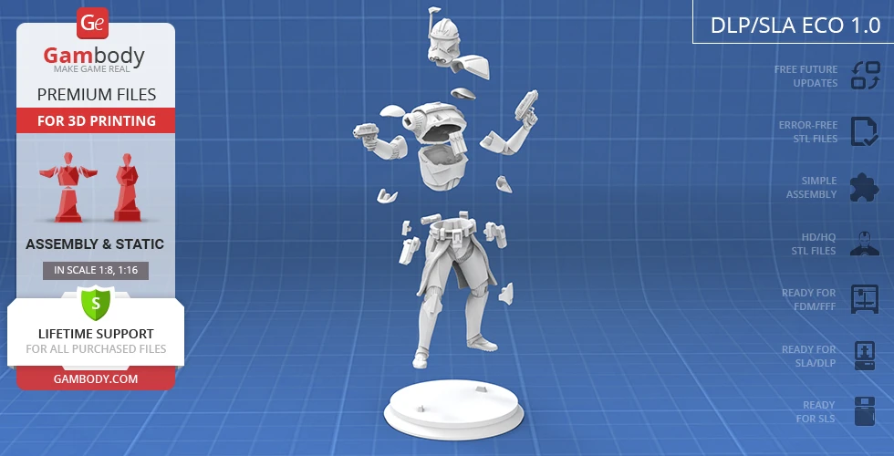 3D model of Captain Rex in assembly pieces for printing, displayed on a blue grid background.