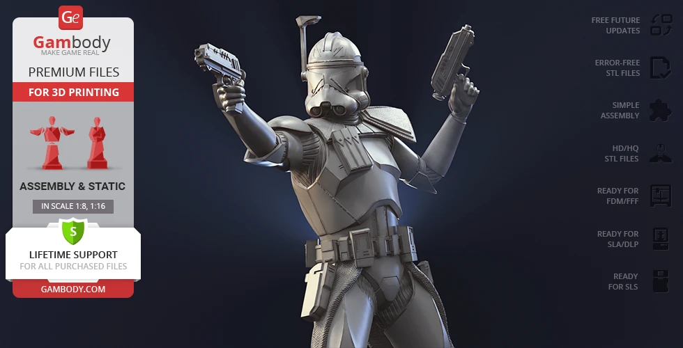 3D model of Captain Rex in armor, posed with two blasters, for 3D printing on Gambody platform.