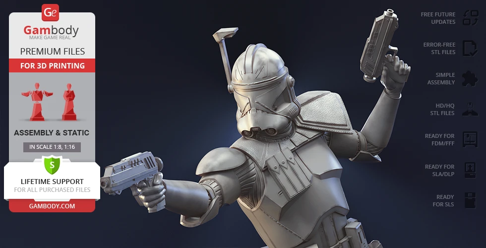 A detailed 3D model of sci-fi soldier armor holding blasters, designed for 3D printing.