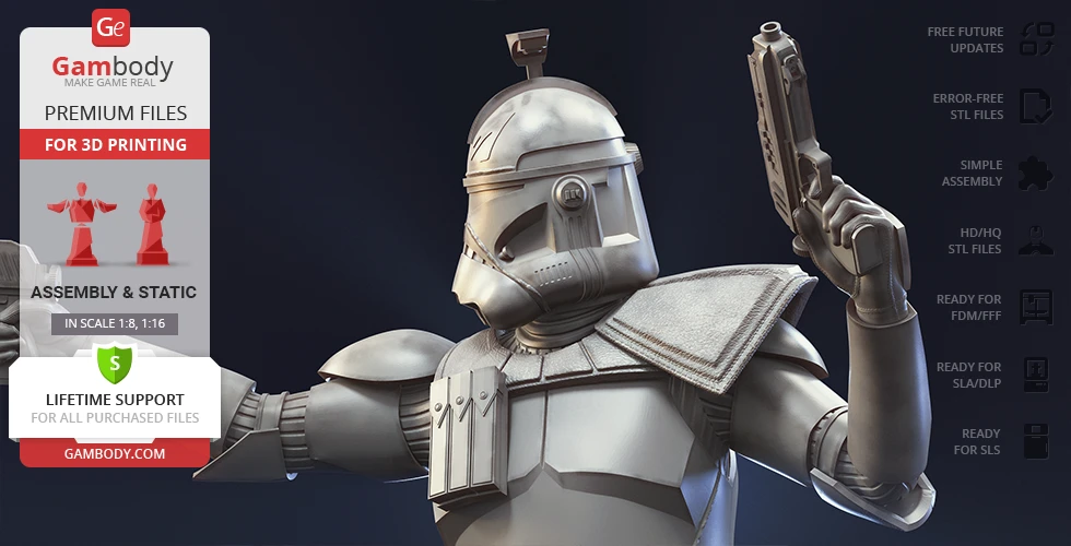 3D model of an armored soldier aiming a blaster, available for 3D printing from Gambody.