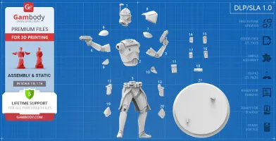 3D printable Captain Rex model pieces displayed on a blueprint-style layout for assembly.