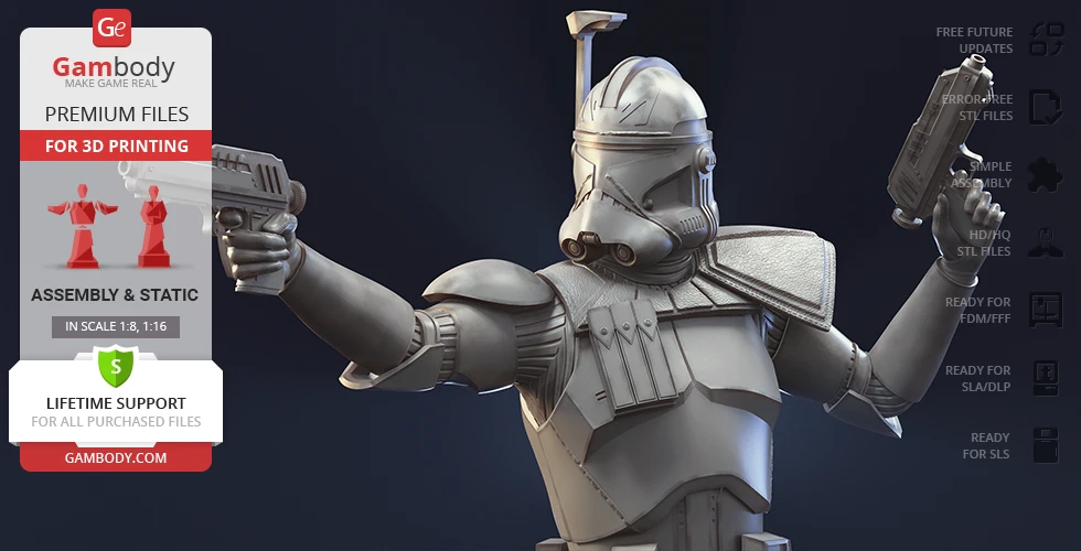 3D model of a sci-fi soldier in armor, dual-wielding blasters, designed for 3D printing.