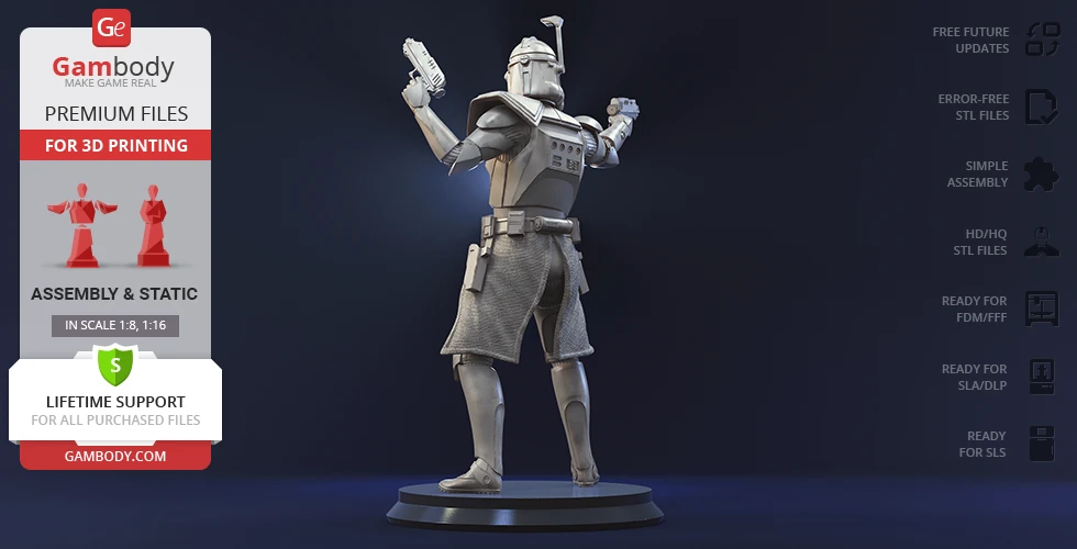 A 3D model of a sci-fi soldier in armor, dual-wielding blasters, ready for 3D printing.
