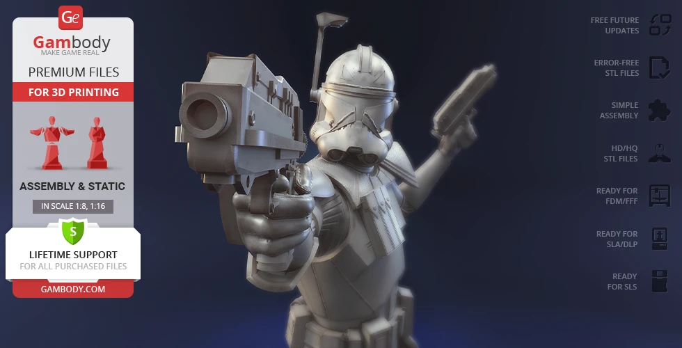 A 3D model of a futuristic armored soldier with a blaster, ready for 3D printing.