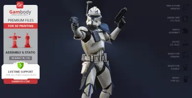 A 3D model of a sci-fi soldier in armor, dual-wielding pistols, ready for 3D printing from Gambody.