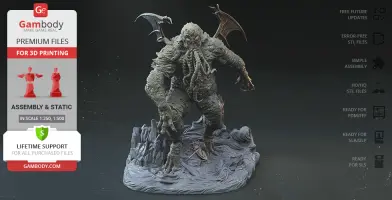 Eldritch creature with tentacles and wings on a rocky base, designed for 3D printing.