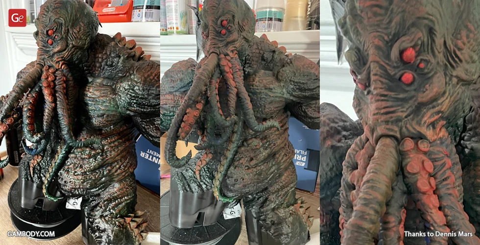 A highly detailed 3D printed model of Cthulhu with tentacles and textured skin.