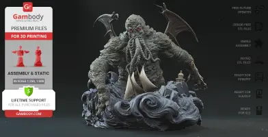 A detailed 3D model of Cthulhu rising from waves, holding a ship with wings spread.
