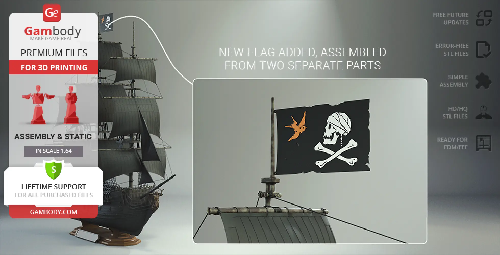 Model of the Black Pearl ship with a pirate flag, ready for 3D printing, scale 1:64.