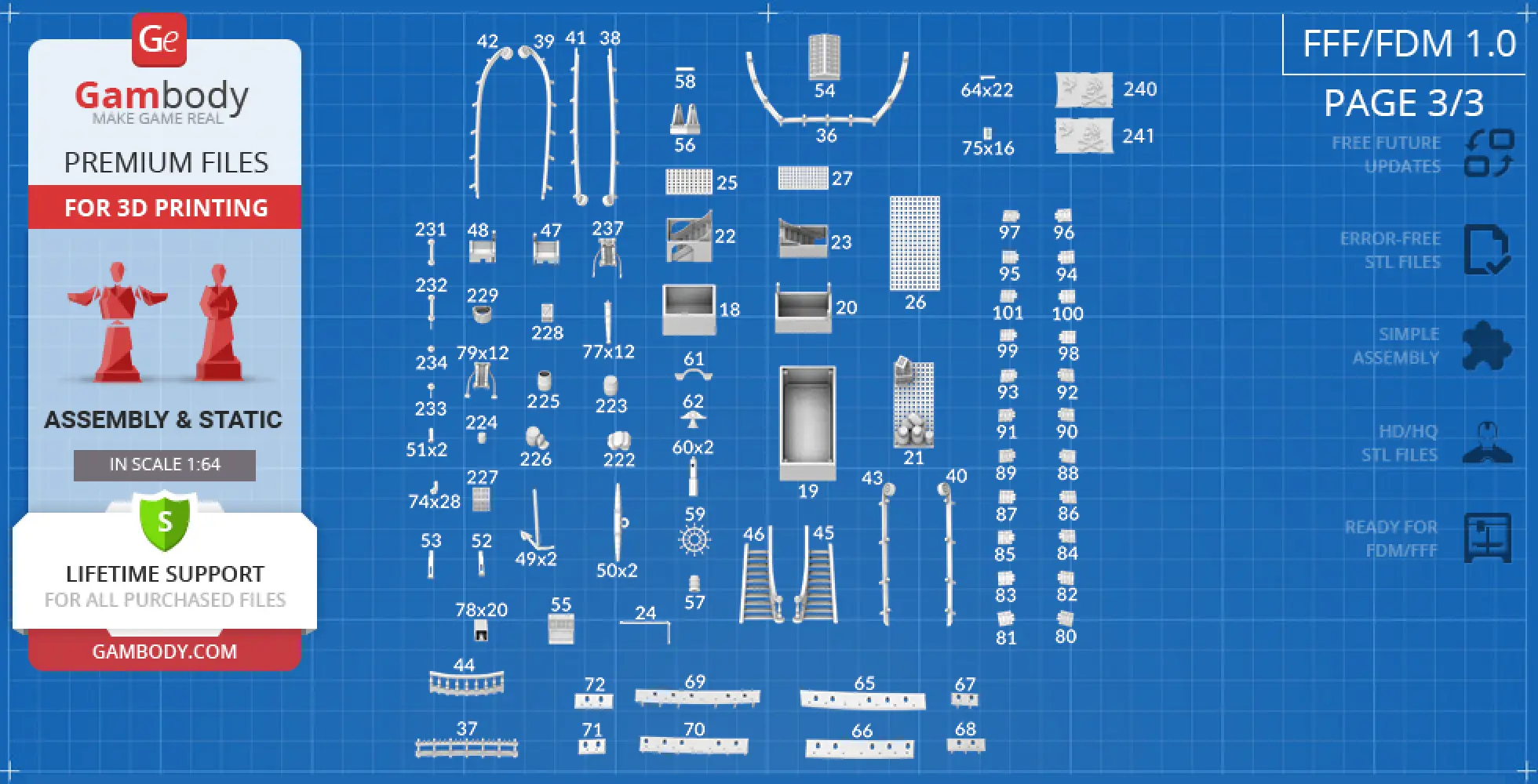 Blueprint-style image with numbered parts for 3D printing the Black Pearl ship model.