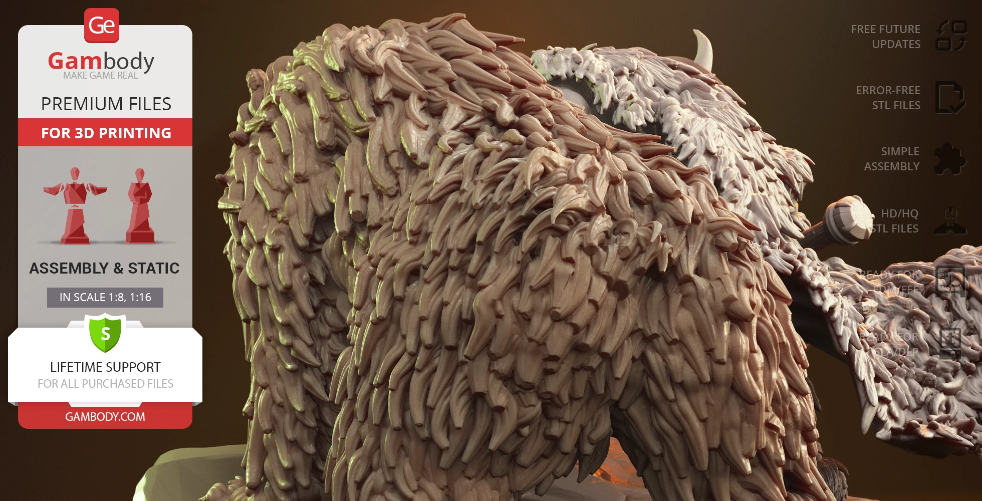 Detailed fur texture of a large, muscular creature with horns, part of a 3D model from Gambody.