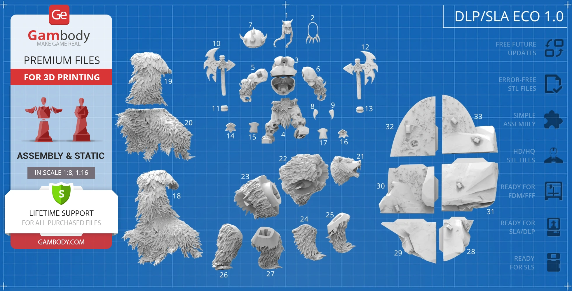 3D model parts for Rexxar and Misha from Gambody, displayed on a blueprint background.