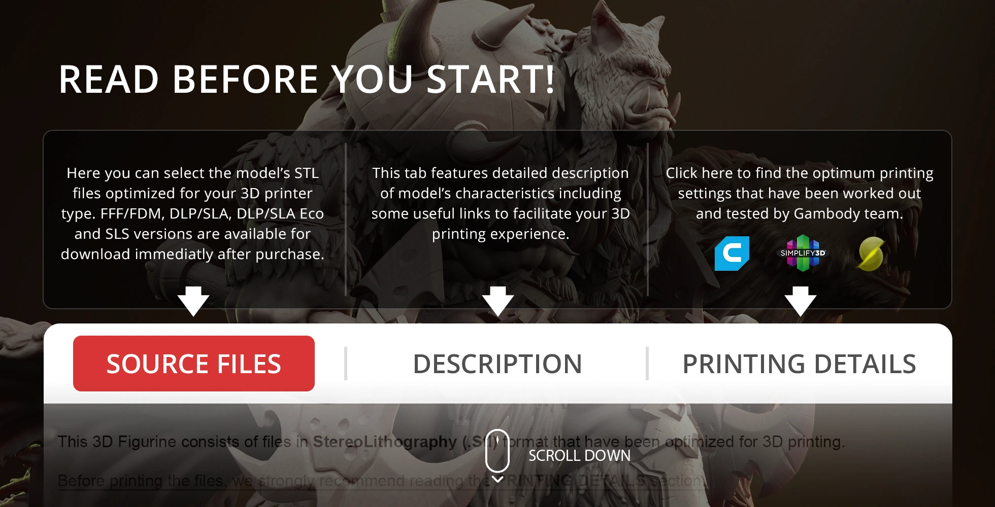 Rexxar & Misha 3D model download screen with tabs for files, description, and printing details.